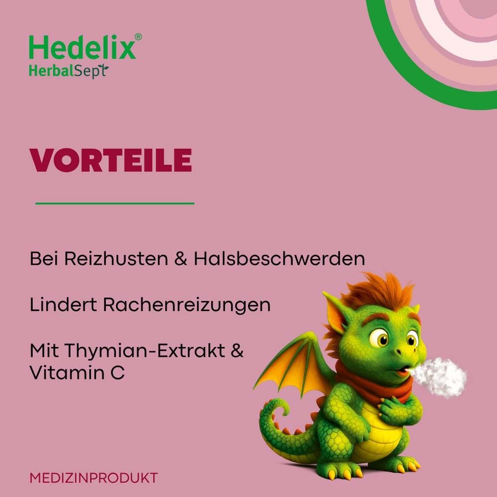 Rosa Hintergrund mit einem grünen Drachen. Text: Vorteile, bei Reizhusten & Halsschmerzen, lindert Rachenreizungen, mit Thymian-Extrakt & Vitamin C.