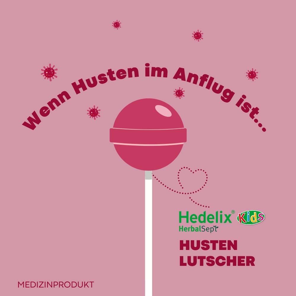 Rosa Hintergrund mit einem Lutscher. Text: Wenn Husten im Anflug ist... Hedelix HerbalSept Husten Lutscher. Medizinprodukt.