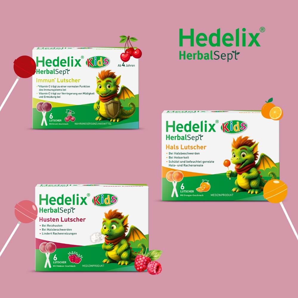 Drei Verpackungen von Hedelix HerbalSept Husten Lutscher Kids. Mit Kirsche, Orange und Himbeer-Geschmack. Mit Drachen-Cartoon.