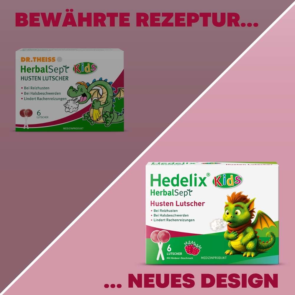 Zwei Verpackungen von Hedelix HerbalSept Husten Lutscher Kids. Mit Drachen-Cartoon. Neues Design.