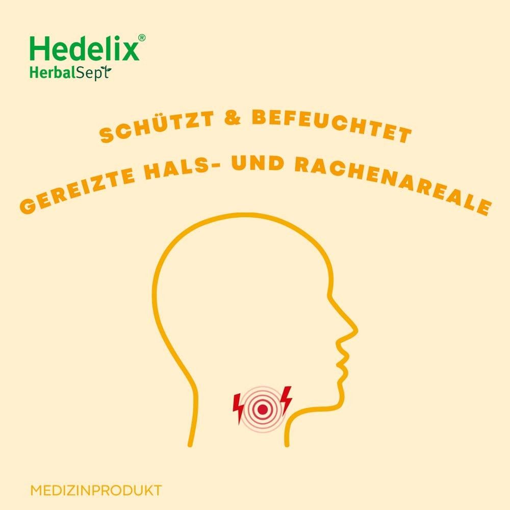 Umriss eines Kopfes. Text: Schützt & befeuchtet gereizte Hals- und Rachenareale. Medizinprodukt.