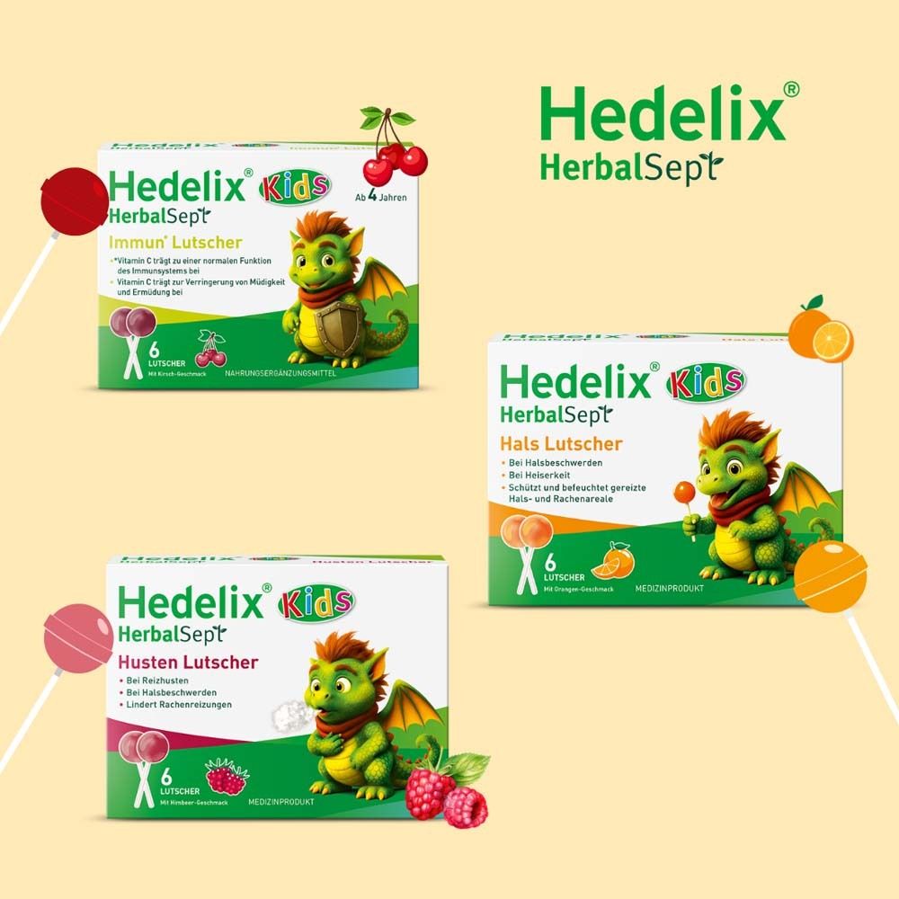 Drei Packungen Hedelix HerbalSept Hals Lutscher Kids. Verschiedene Geschmacksrichtungen: Kirsche, Orange, Himbeere. Mit Drachen.