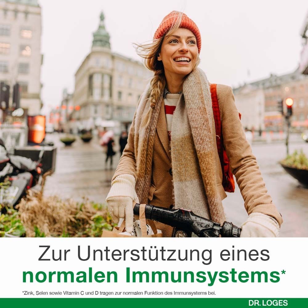 Frau lächelt in der Stadt. Text: Zur Unterstützung eines normalen Immunsystems*. Logo Dr. Loges.
