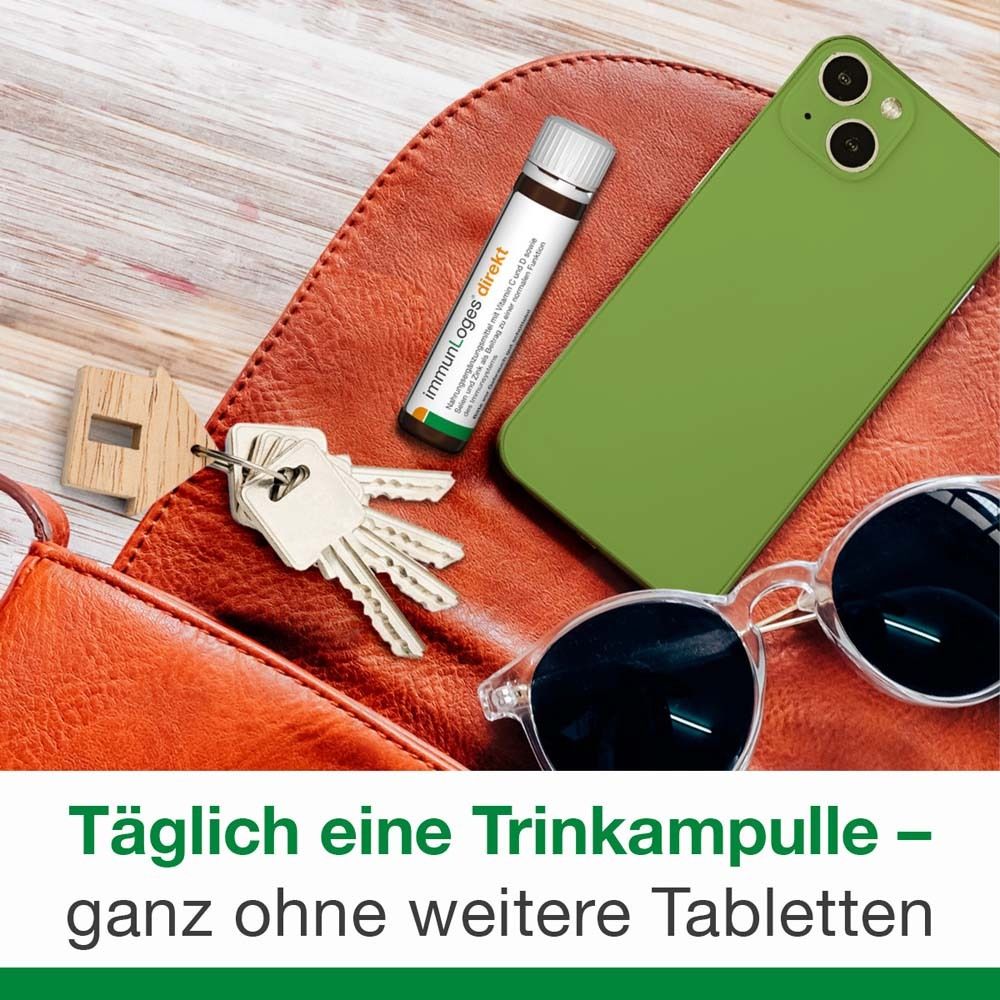 Trinkampulle, Handy, Schlüssel, Sonnenbrille und Tasche. Text: Täglich eine Trinkampulle – ganz ohne weitere Tabletten.