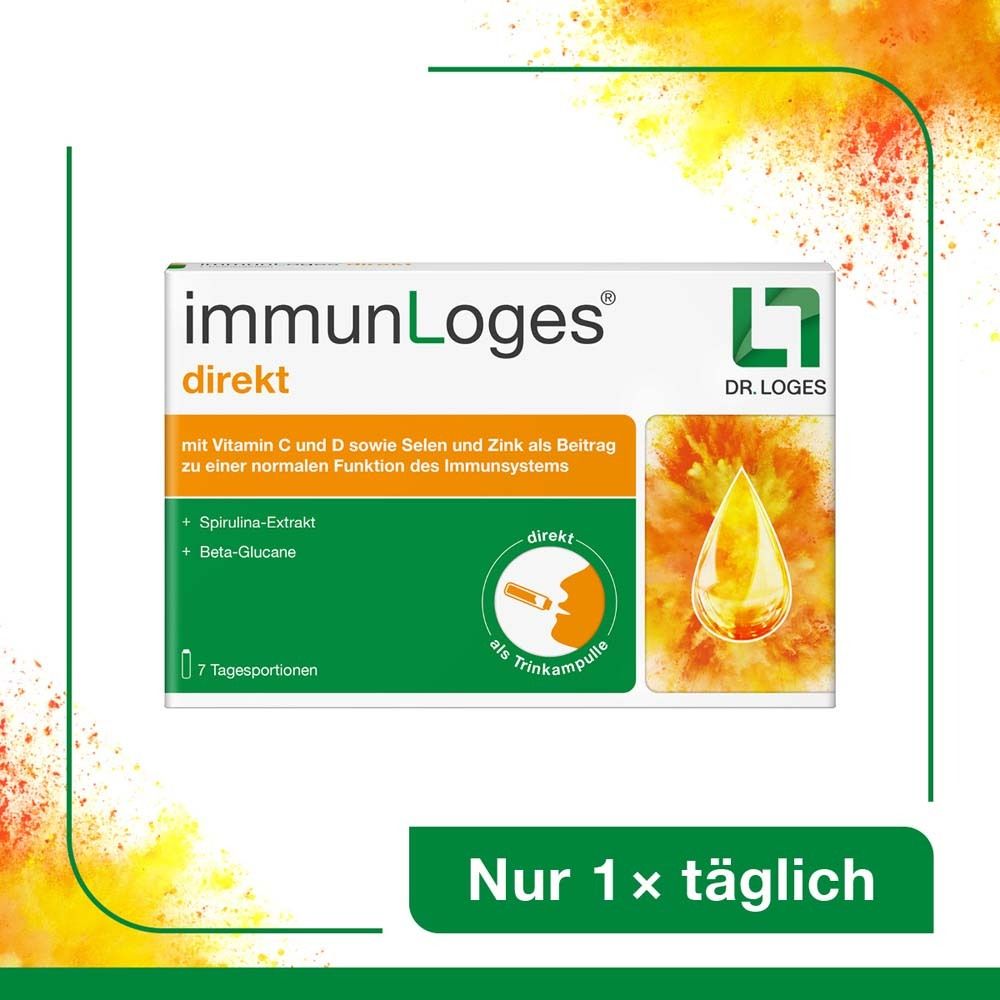 Verpackung von immunLoges direkt. Enthält 7 Tagesportionen. Mit Vitamin C, D, Selen und Zink. Direkt als Trinkampulle.