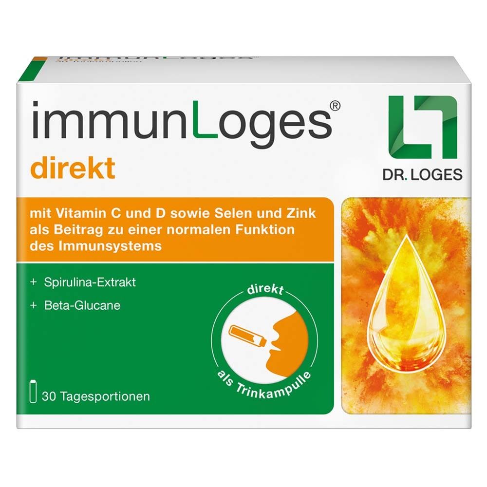 Verpackung von immunLoges direkt. Enthält 30 Trinkampullen. Mit Vitamin C, D, Selen und Zink. Marke: DR. LOGES.