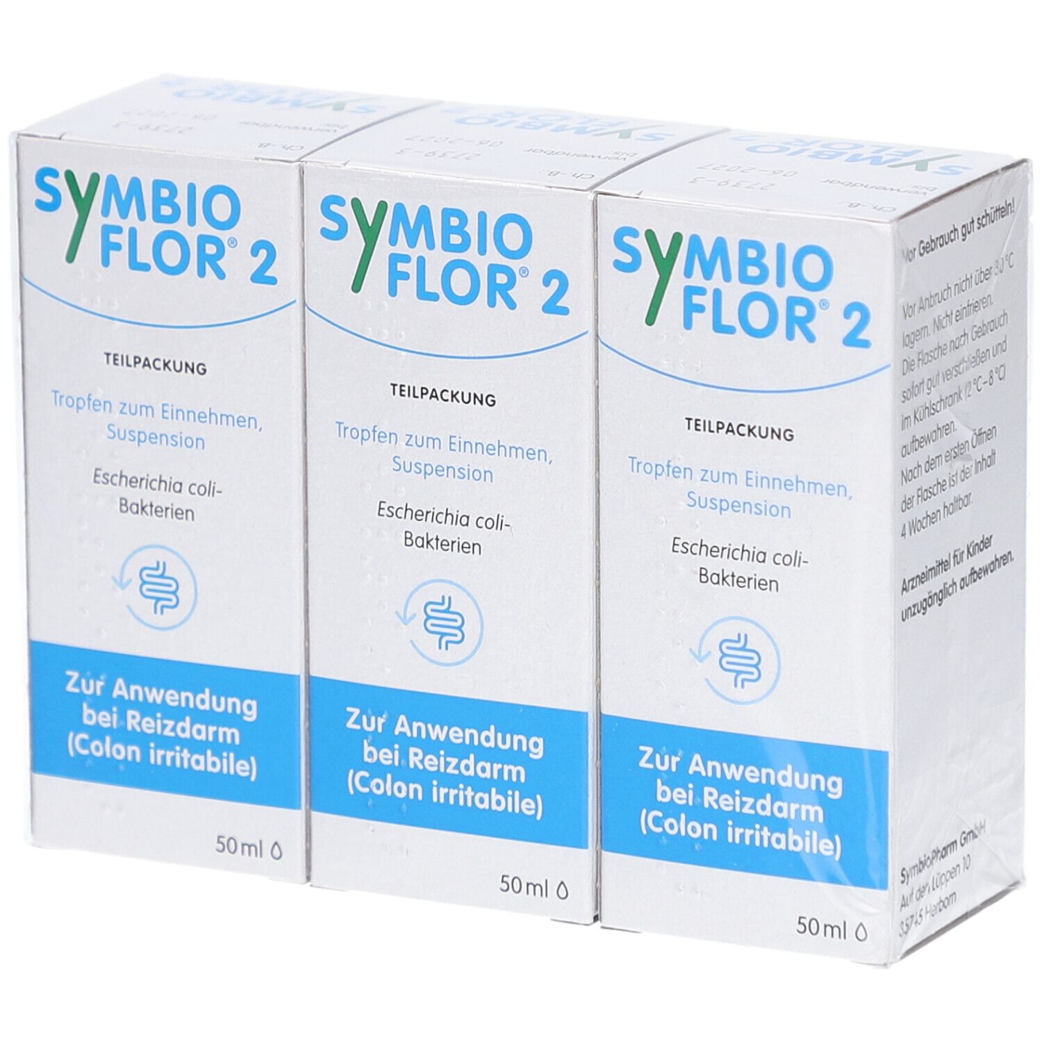 Drei Schachteln Symbioflor 2. Aufdruck: Tropfen, Suspension, Escherichia coli-Bakterien, Anwendung bei Reizdarm, 50 ml.