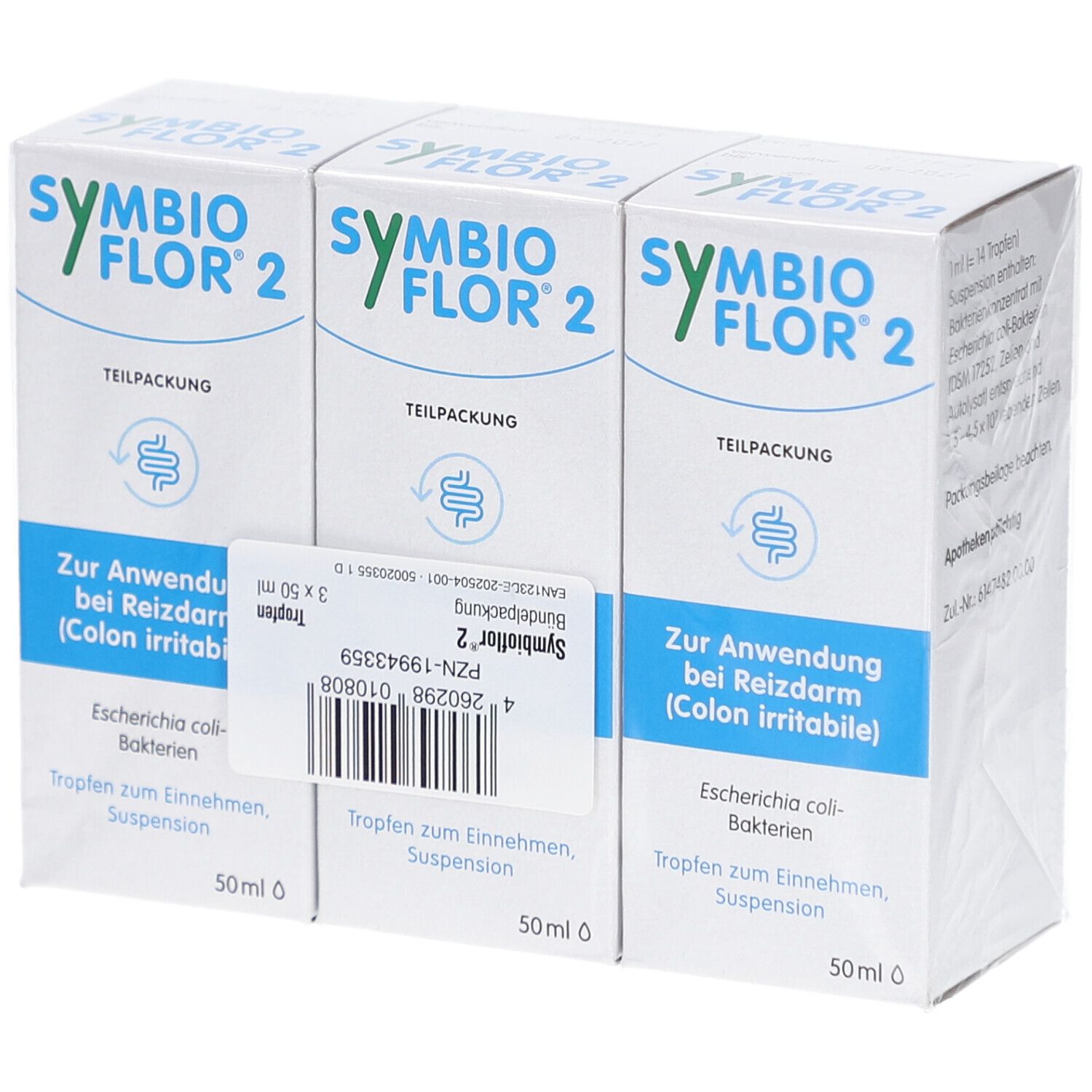 Drei Schachteln Symbioflor 2. Aufdruck: Tropfen, Suspension, Escherichia coli-Bakterien, Anwendung bei Reizdarm, 50 ml. Mit Etikett.