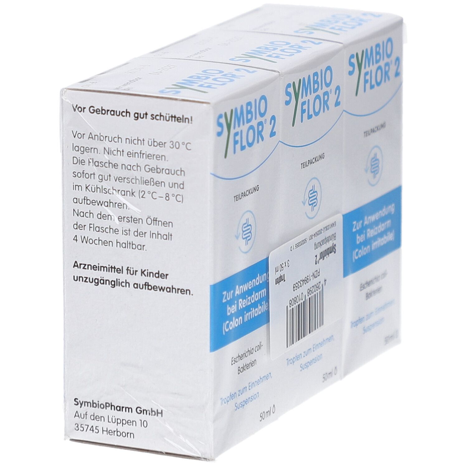 Drei Schachteln Symbioflor 2. Aufdruck: Tropfen, Suspension, Escherichia coli-Bakterien, Anwendung bei Reizdarm, 50 ml. Rückseite mit Text.