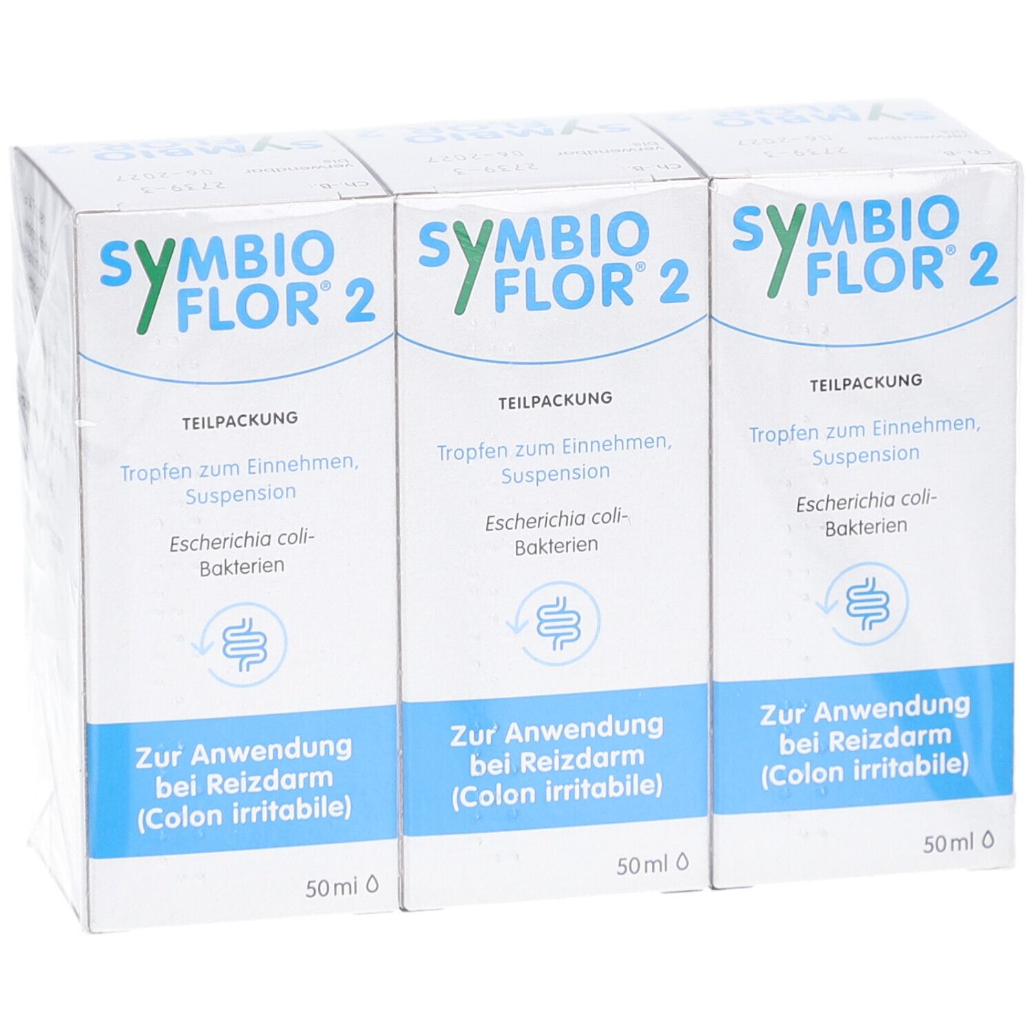 Drei Schachteln Symbioflor 2. Aufdruck: Tropfen, Suspension, Escherichia coli-Bakterien, Anwendung bei Reizdarm, 50 ml. In Folie verpackt.