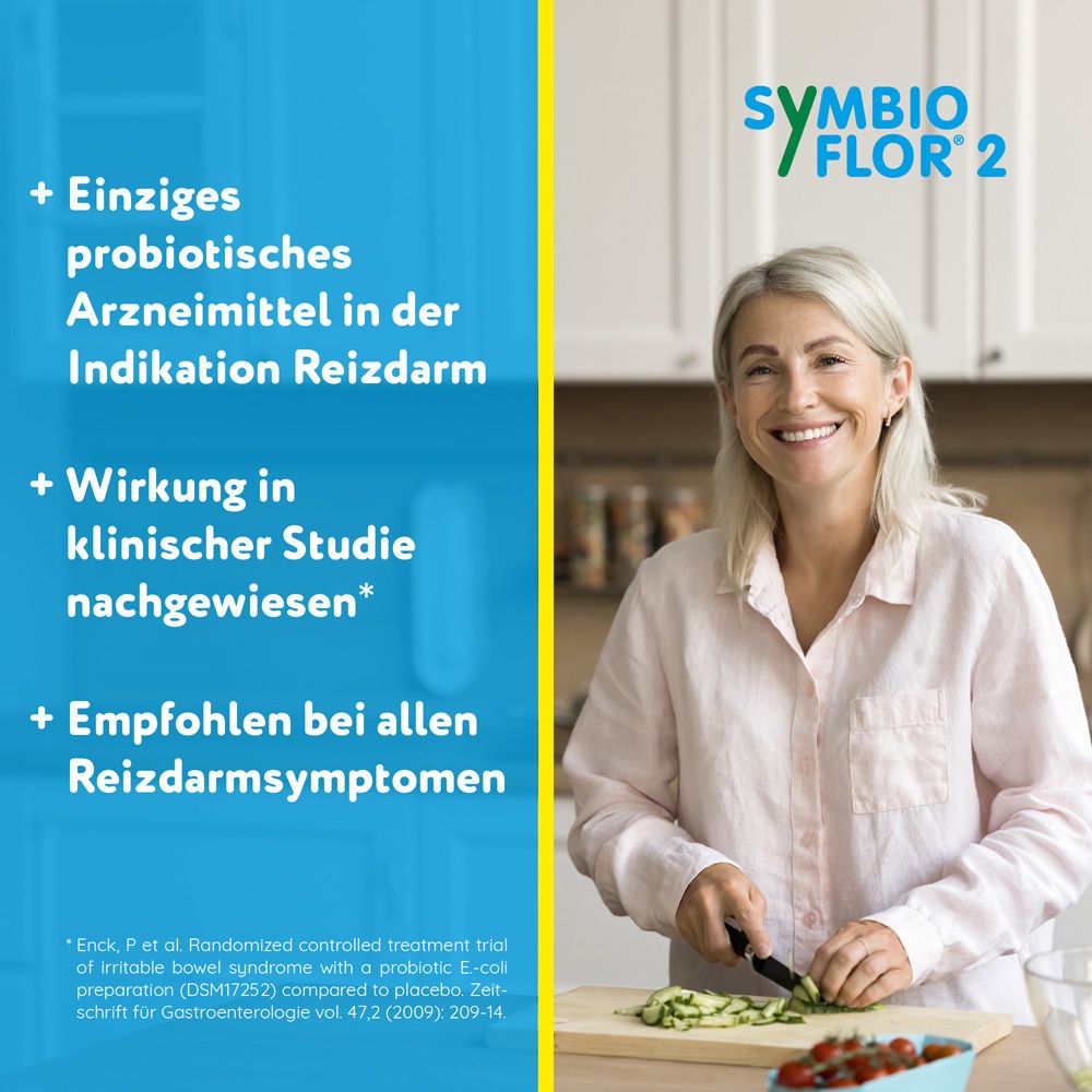 Frau schneidet Gemüse. Text: Symbioflor® 2. Wirkt in klinischer Studie nachgewiesen. Empfohlen bei Reizdarmsymptomen.