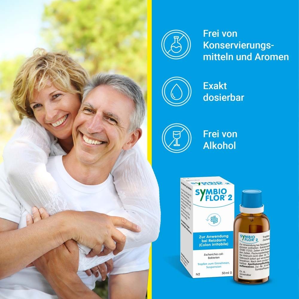 Paar lächelt. Flasche und Verpackung von Symbioflor® 2. Text: Frei von Konservierungsmitteln und Alkohol.