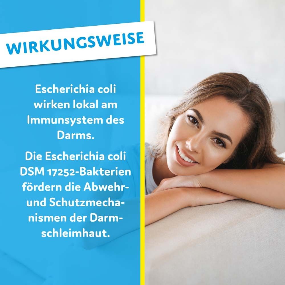 Frau lächelt. Text: Wirkungsweise. Escherichia coli wirken lokal am Immunsystem des Darms.