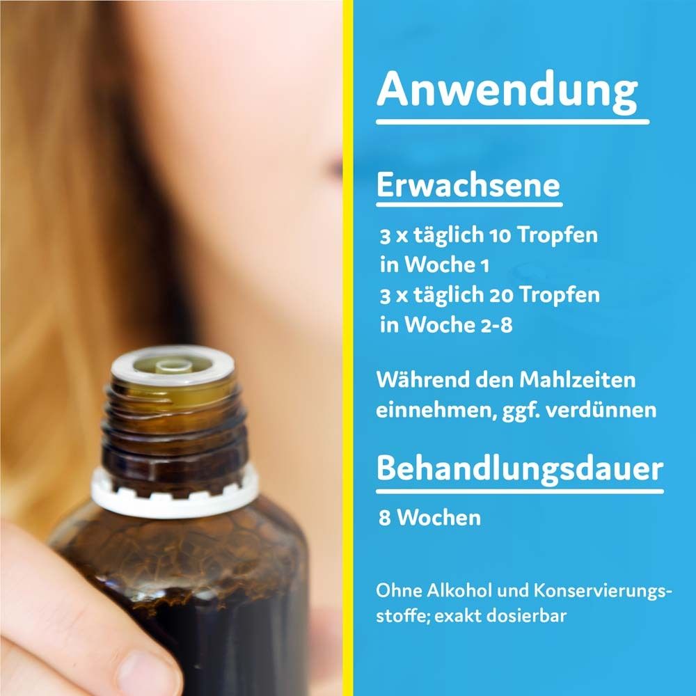 Flasche von Symbioflor® 2. Text: Anwendung. Dosierung: 10 Tropfen in Woche 1, 20 Tropfen in Woche 2-8.