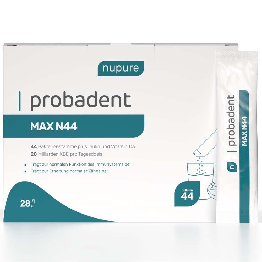 Produktverpackung. Nupure Probadent MAX N44. 28 Sachets. Enthält 44 Bakterienkulturen, Inulin, Vitamin D3.