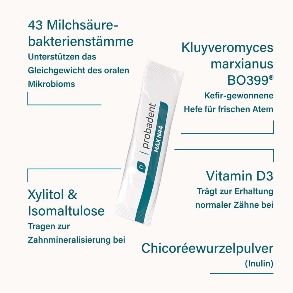 Produktverpackung. Einzelne Sachet. Enthält 43 Milchsäurebakterienstämme, Xylit, Isomaltulose, Vitamin D3.