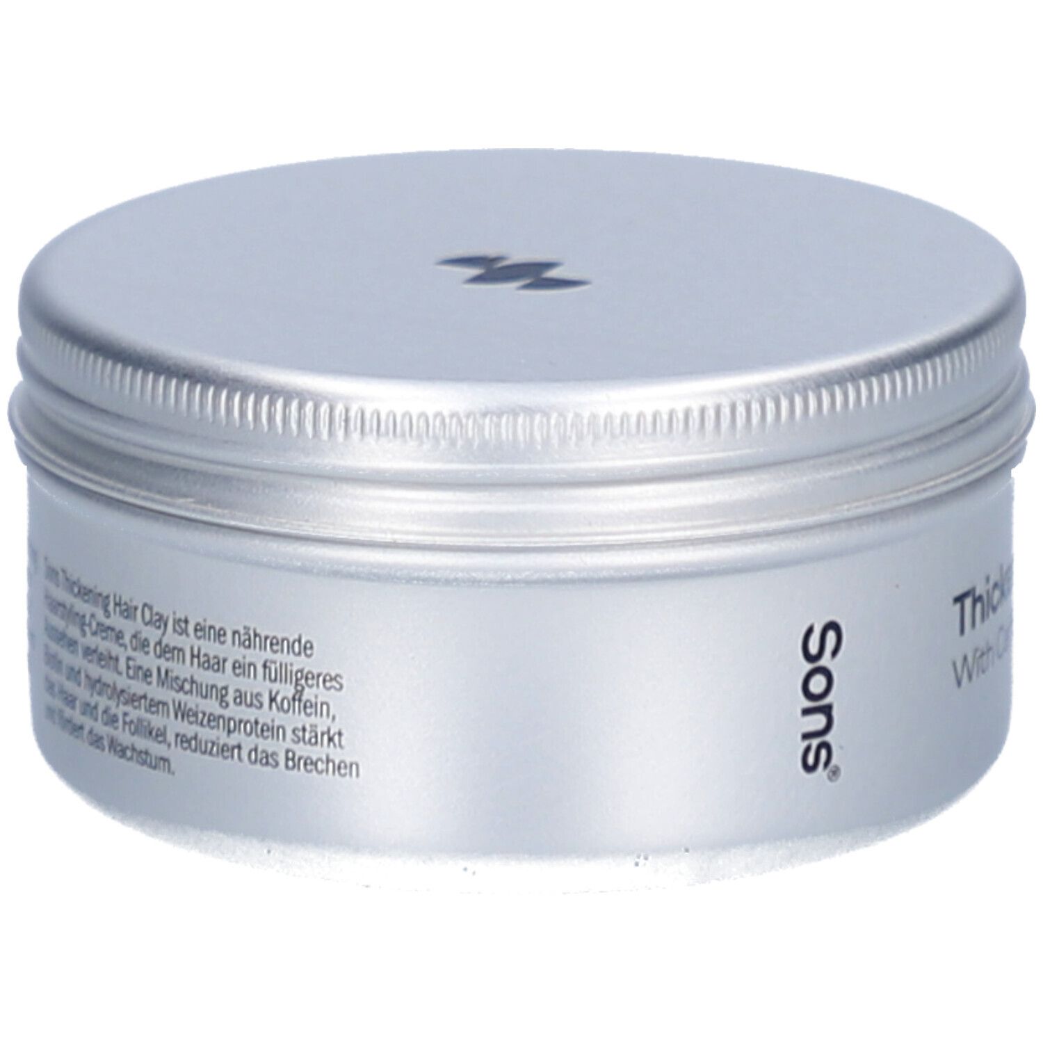 Silberfarbene Dose mit Deckel. Aufschrift: Sons. Text auf Deutsch. Produktname: Thickening Hair Clay.