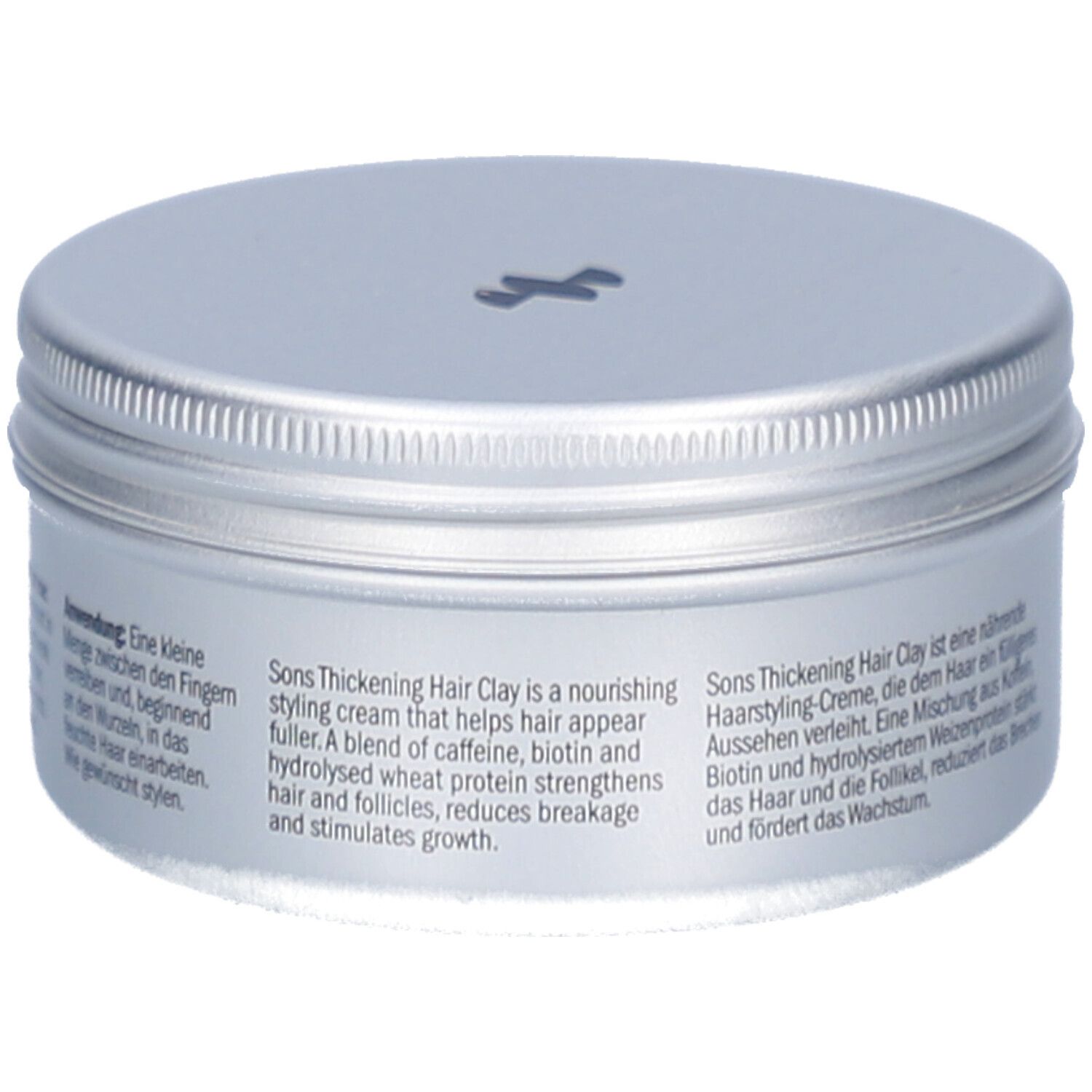 Silberfarbene Dose mit Deckel. Aufschrift: Sons. Text auf Englisch und Deutsch. Produktname: Thickening Hair Clay.
