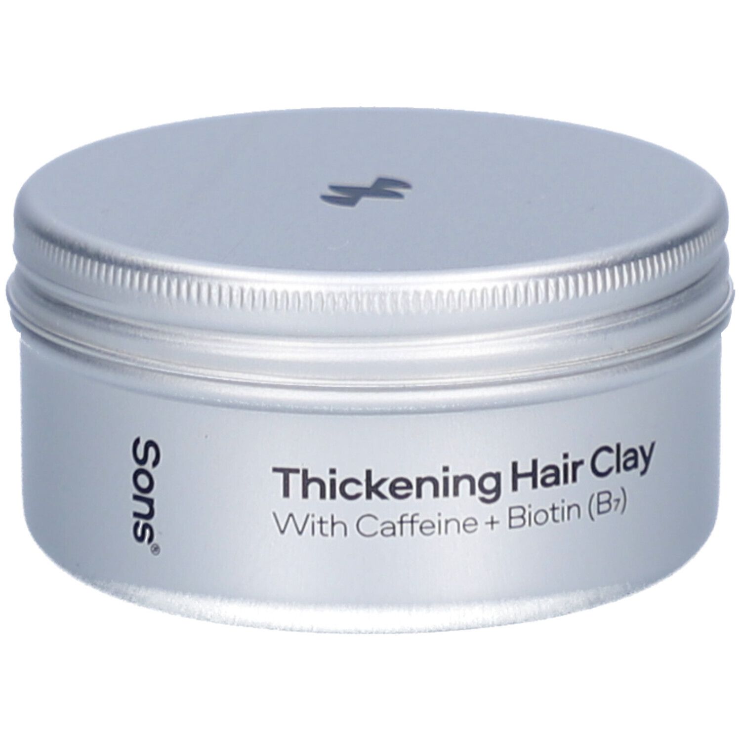 Silberfarbene Dose mit Deckel. Aufschrift: Thickening Hair Clay, With Caffeine + Biotin (B7). Marke: Sons.