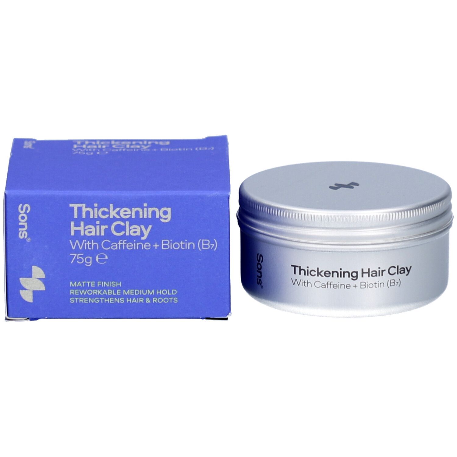 Blauer Karton und silberfarbene Dose. Aufschrift: Thickening Hair Clay, With Caffeine + Biotin (B7). Marke: Sons.