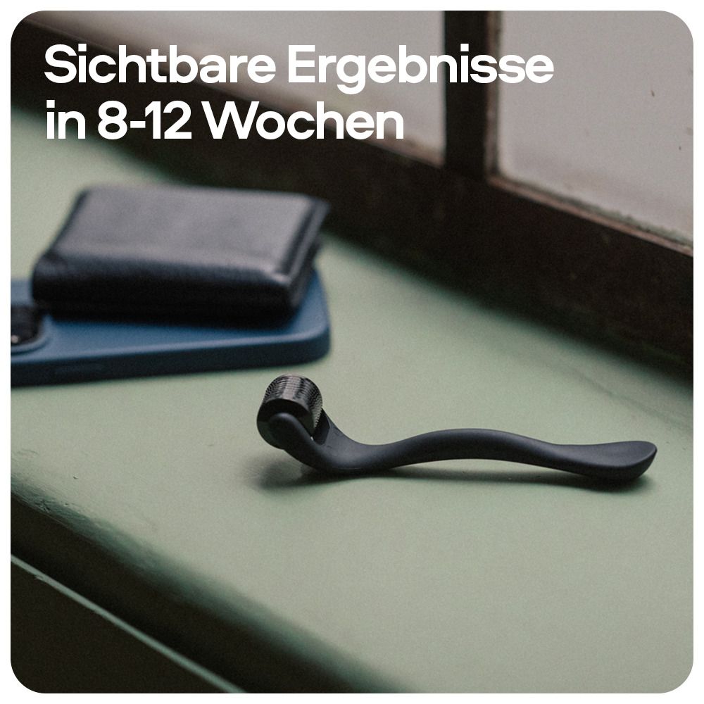 Derma Roller auf Tisch. Text: Sichtbare Ergebnisse in 8-12 Wochen.