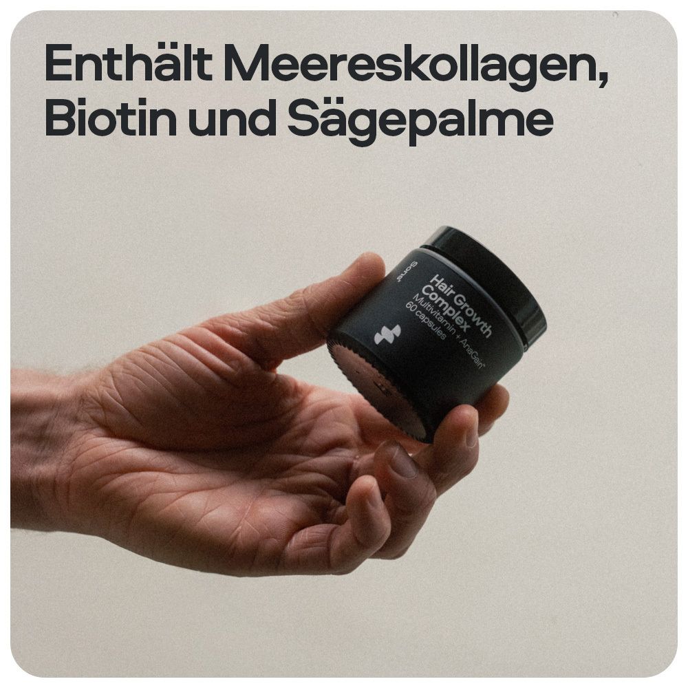 Hand hält schwarze Dose. Aufschrift: Hair Growth Complex, Multivitamin + AnaGain, 60 Kapseln. Marke: Sons.