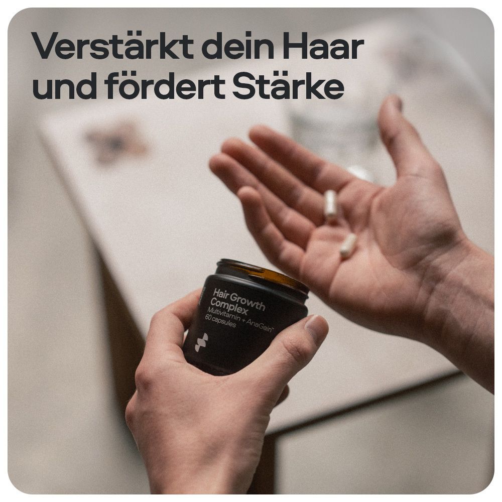 Hände halten Kapseln und Dose. Aufschrift: Hair Growth Complex, Multivitamin + AnaGain, 60 Kapseln. Marke: Sons.