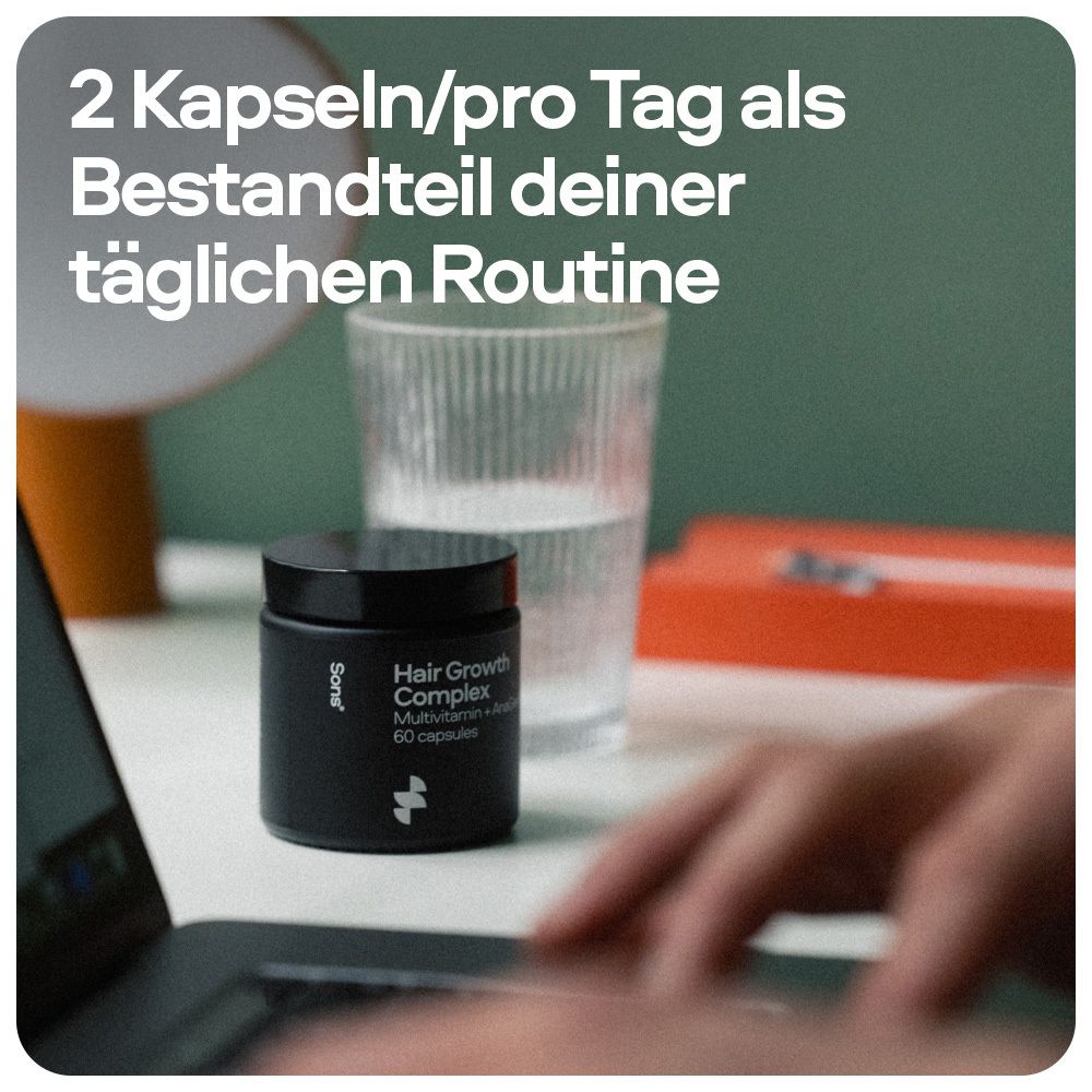Dose, Glas Wasser, Laptop. Aufschrift: Hair Growth Complex, Multivitamin + AnaGain, 60 Kapseln. Marke: Sons.