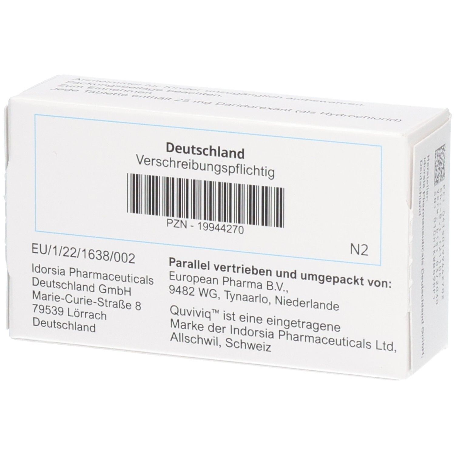 Rückseite der QUVIVIQ 25 mg Filmtabletten Daridorexant Schachtel mit PZN und Herstellerinformationen.