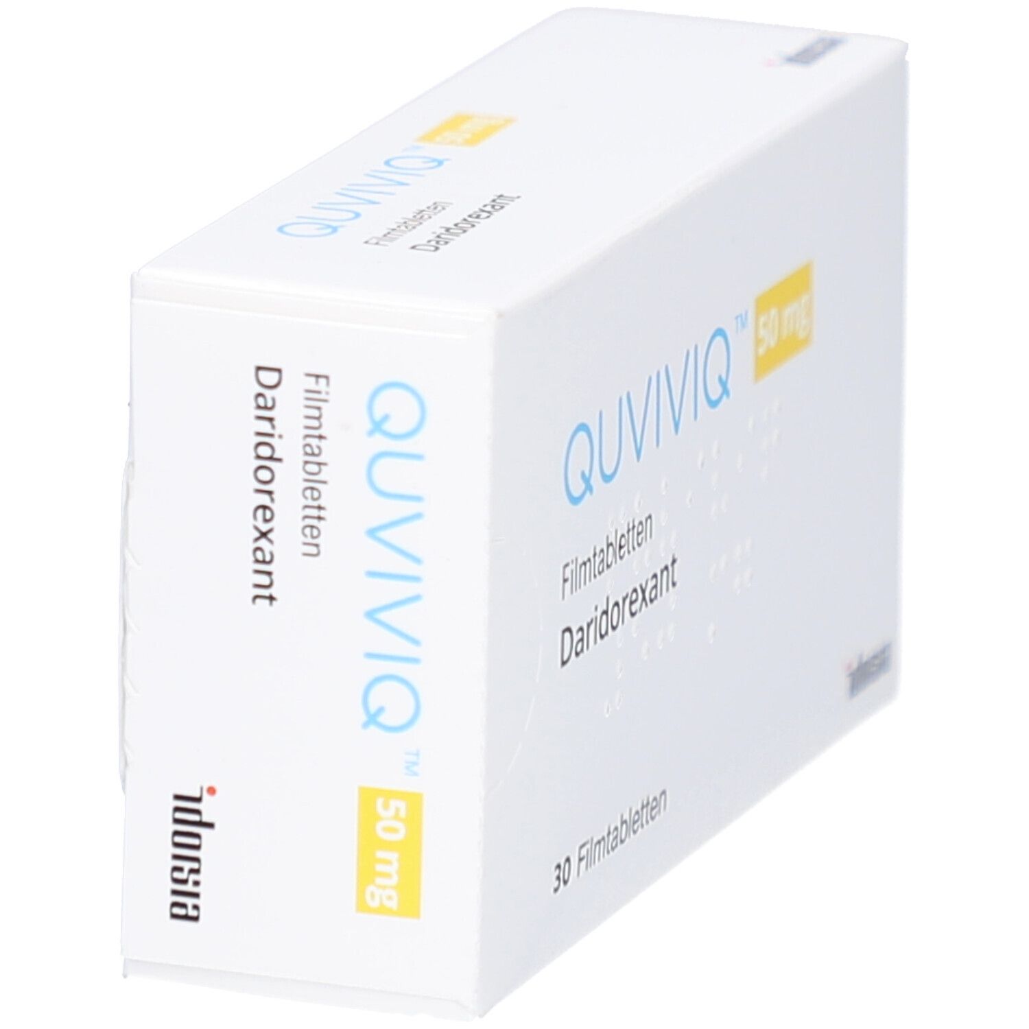 Schachtel mit QUVIVIQ 50 mg Filmtabletten. Aufschrift: Daridorexant, 30 Filmtabletten. Gelbe 50 mg Markierung.