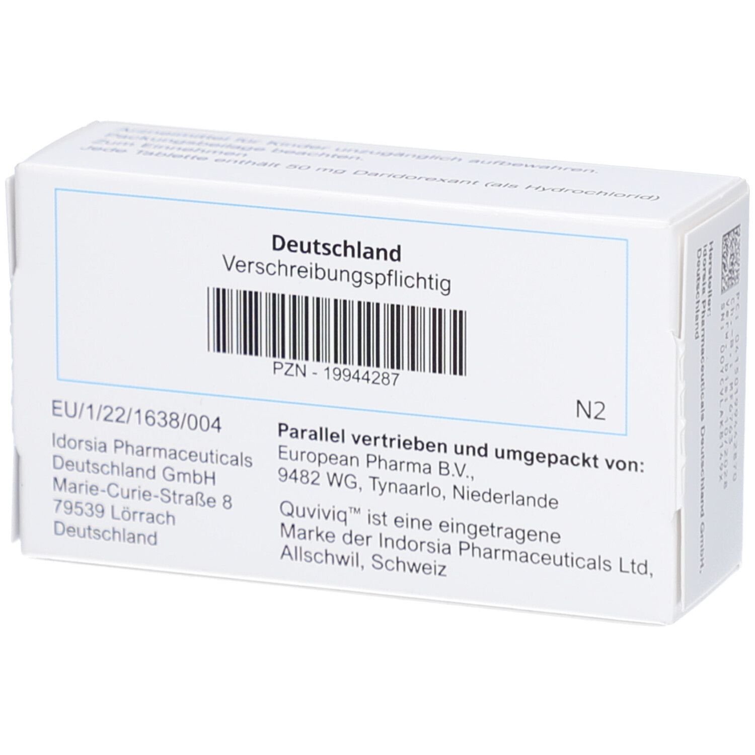 Rückseite der QUVIVIQ-Schachtel. Text: Deutschland, verschreibungspflichtig. Informationen zu Hersteller und Vertrieb.