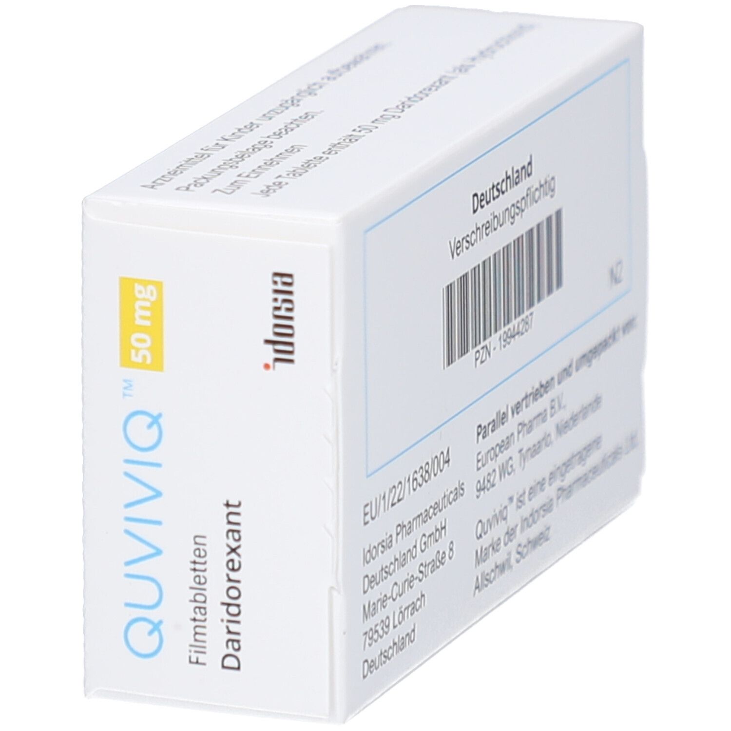 Schachtel mit QUVIVIQ 50 mg Filmtabletten. Aufschrift: Daridorexant, 30 Filmtabletten. Gelbe 50 mg Markierung.