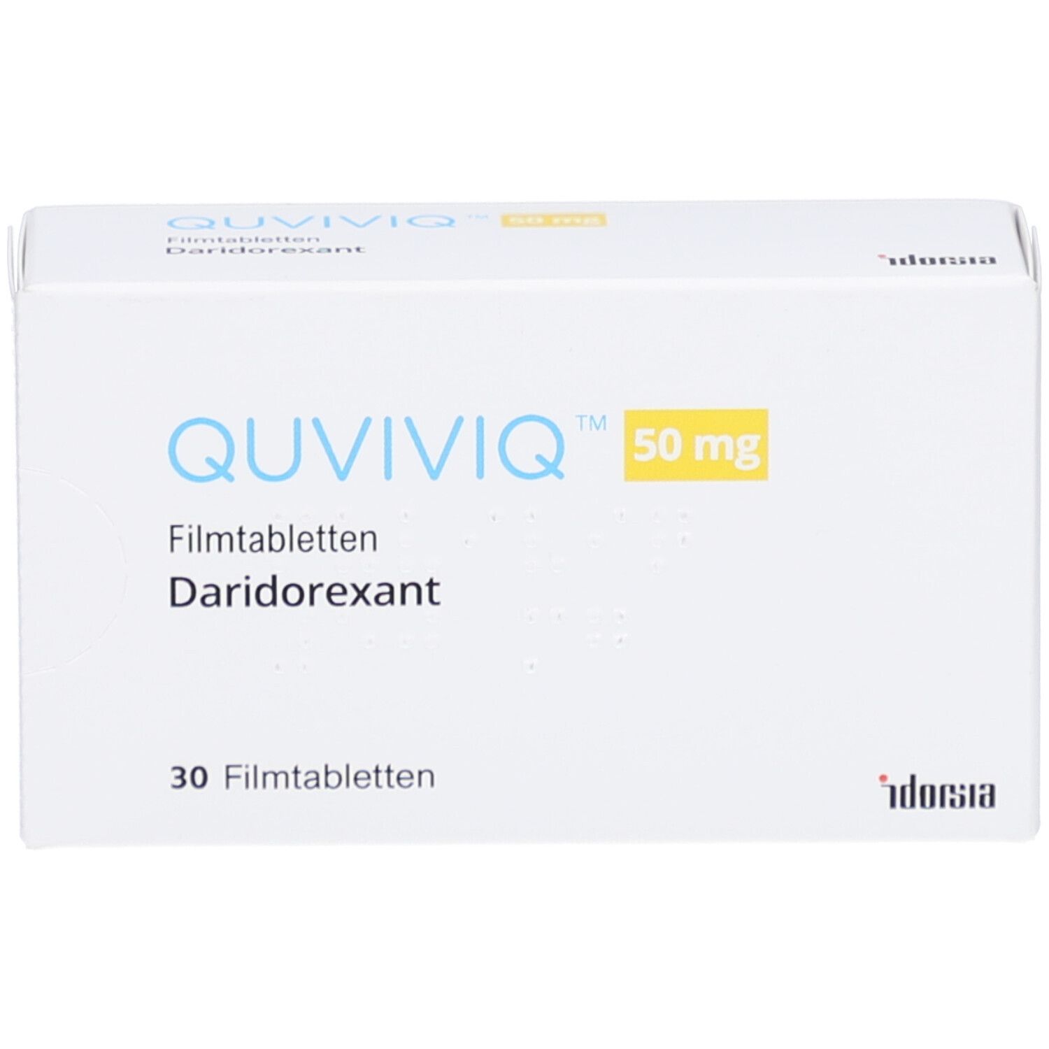 Schachtel mit QUVIVIQ 50 mg Filmtabletten. Aufschrift: Daridorexant, 30 Filmtabletten. Gelbe 50 mg Markierung.