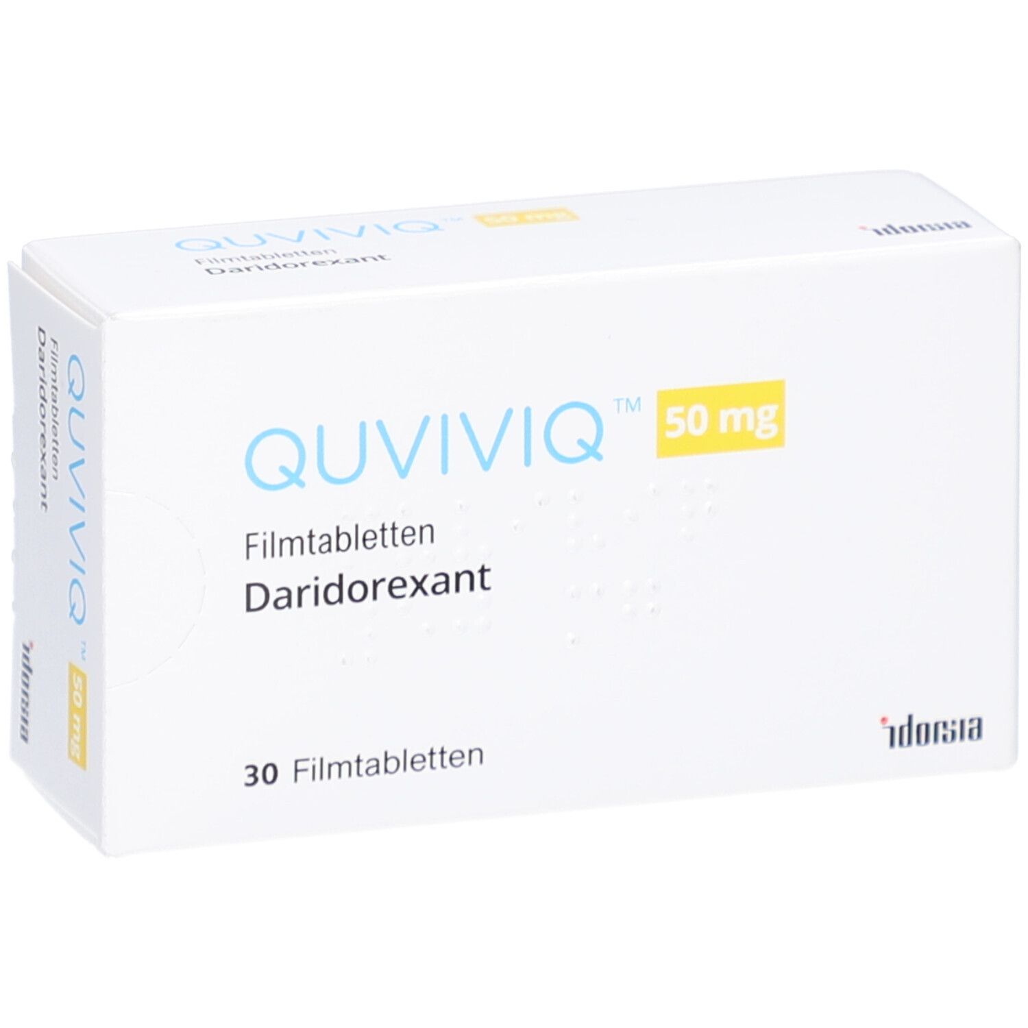 Schachtel mit QUVIVIQ 50 mg Filmtabletten. Aufschrift: Daridorexant, 30 Filmtabletten. Gelbe 50 mg Markierung.