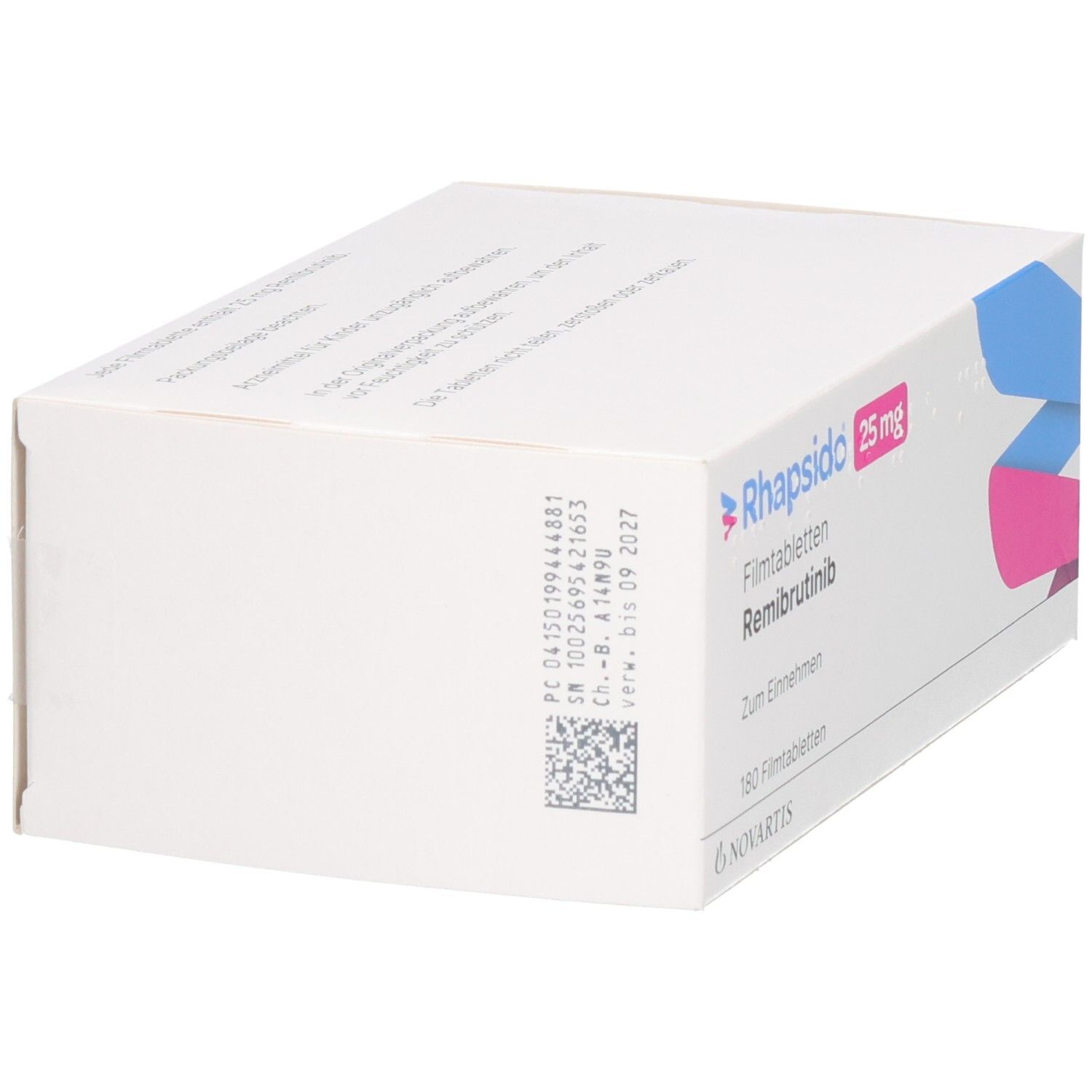 RHAPSIDO 25 mg Filmtabletten Remibrutinib, 180 Tabletten. Chargennummer und Verfallsdatum sichtbar.
