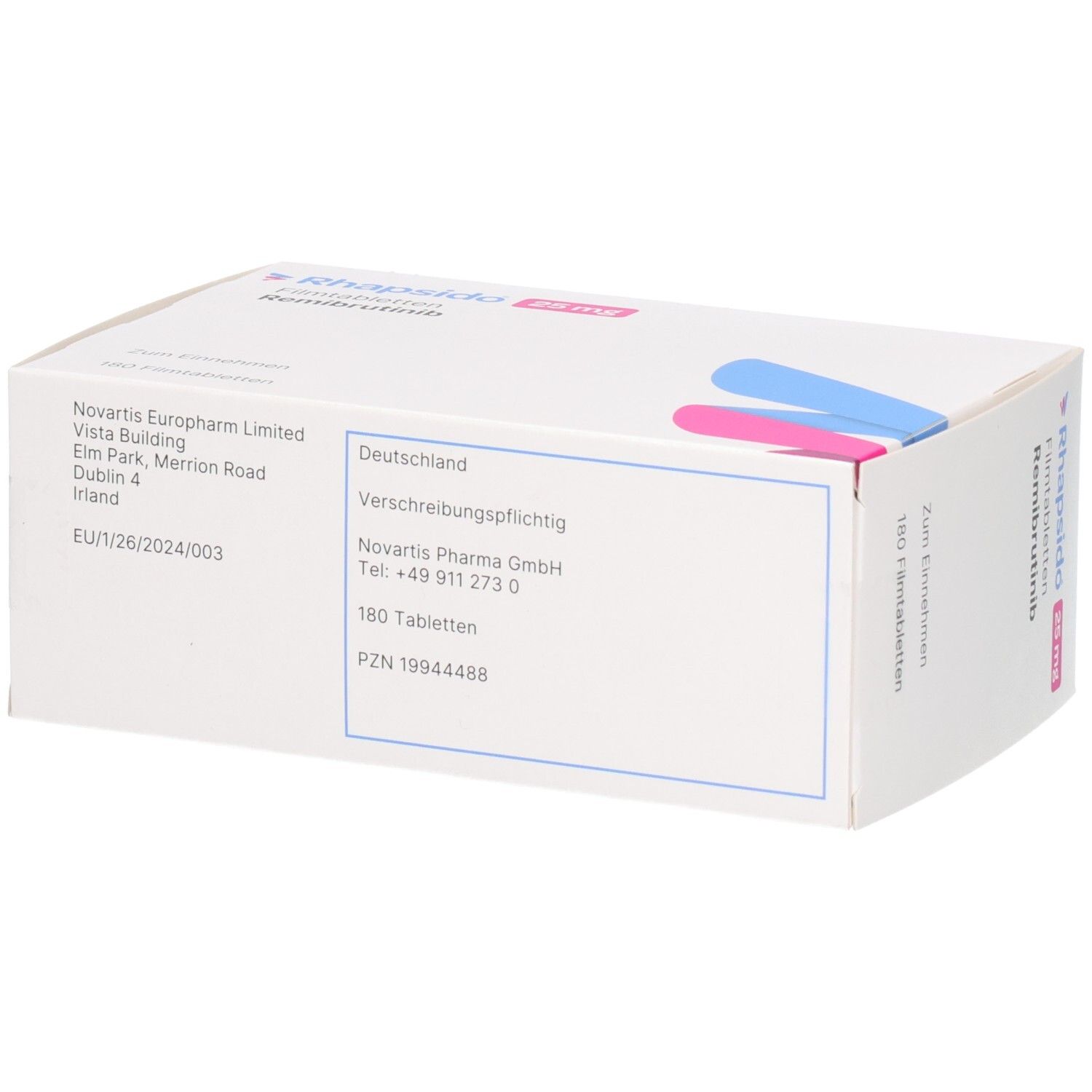 RHAPSIDO 25 mg Filmtabletten Remibrutinib, 180 Tabletten. Rückseite mit Herstellerinformationen.