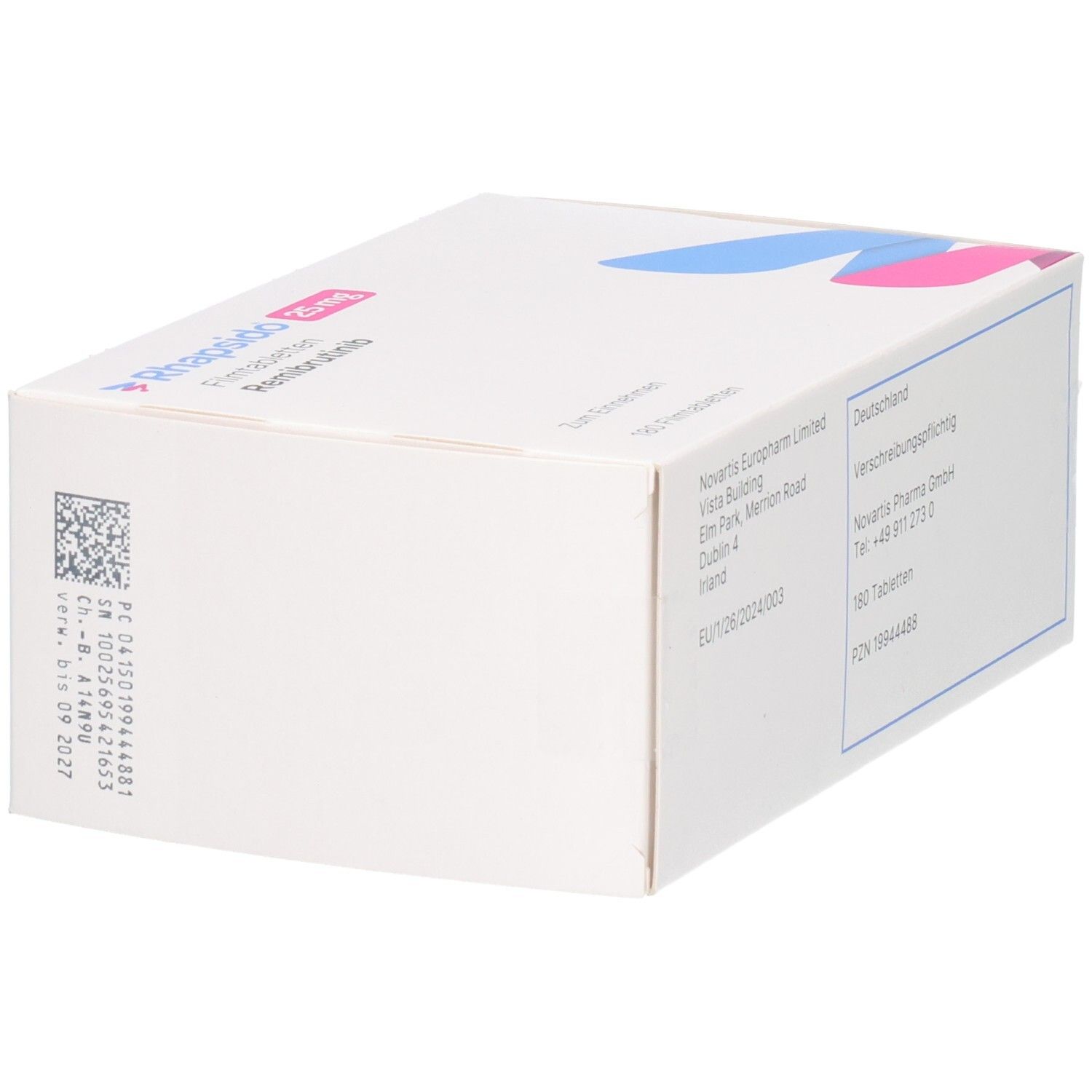 RHAPSIDO 25 mg Filmtabletten Remibrutinib, 180 Tabletten. Seitenansicht mit Chargennummer und Verfallsdatum.