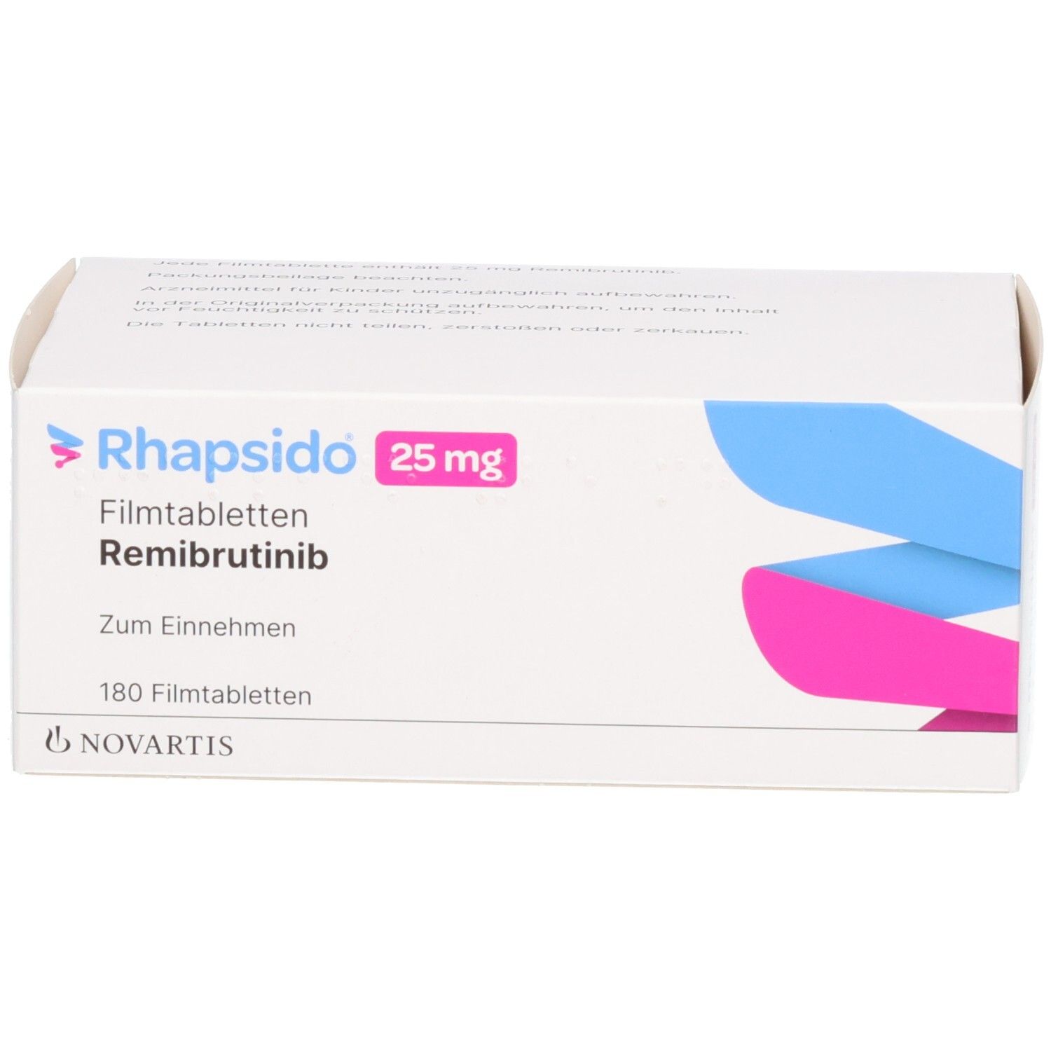RHAPSIDO 25 mg Filmtabletten Remibrutinib, 180 Tabletten. Vorderseite mit Novartis Logo.