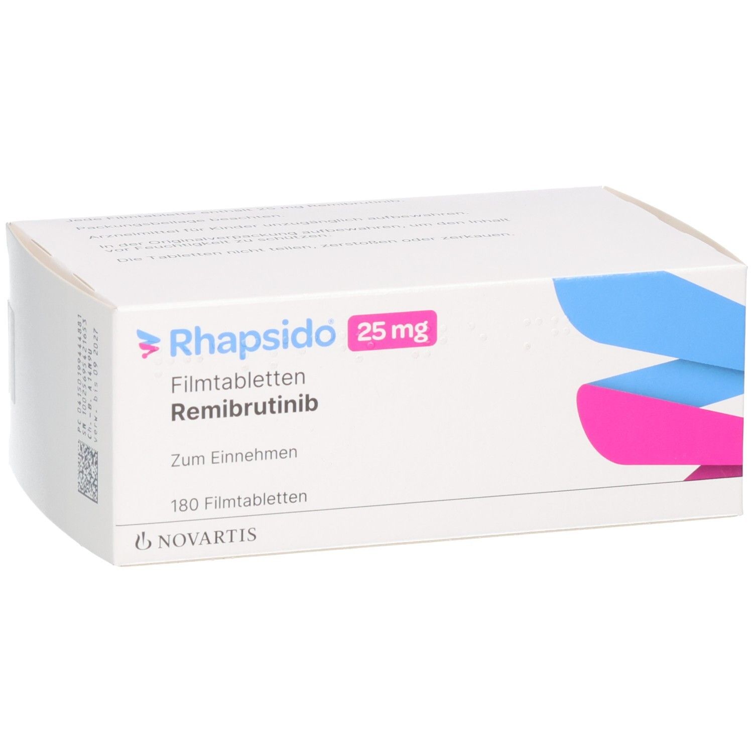 RHAPSIDO 25 mg Filmtabletten Remibrutinib, 180 Tabletten. Packung mit Novartis Logo.