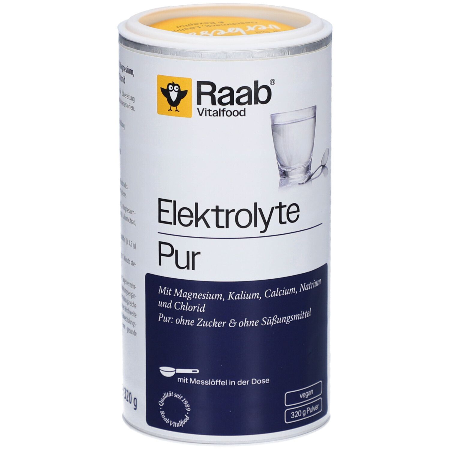 Zylindrische Dose Raab Vitalfood Elektrolyte Pur. Weiß mit gelbem Deckel. Aufschrift: Elektrolyte Pur, Inhaltsstoffe, vegan, 320g.