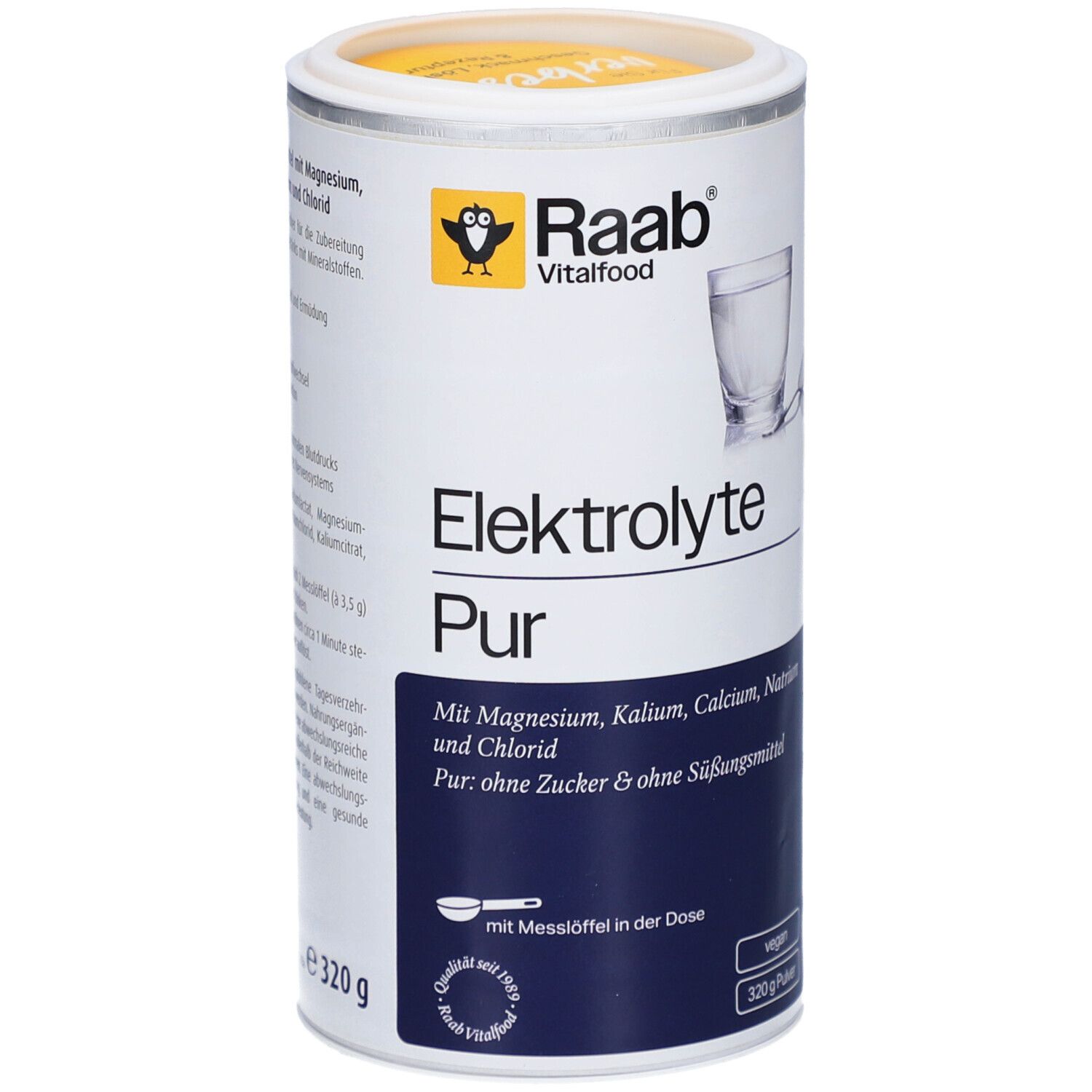 Zylindrische Dose Raab Vitalfood Elektrolyte Pur. Weiß mit gelbem Deckel. Aufschrift: Elektrolyte Pur, Inhaltsstoffe, vegan, 320g.