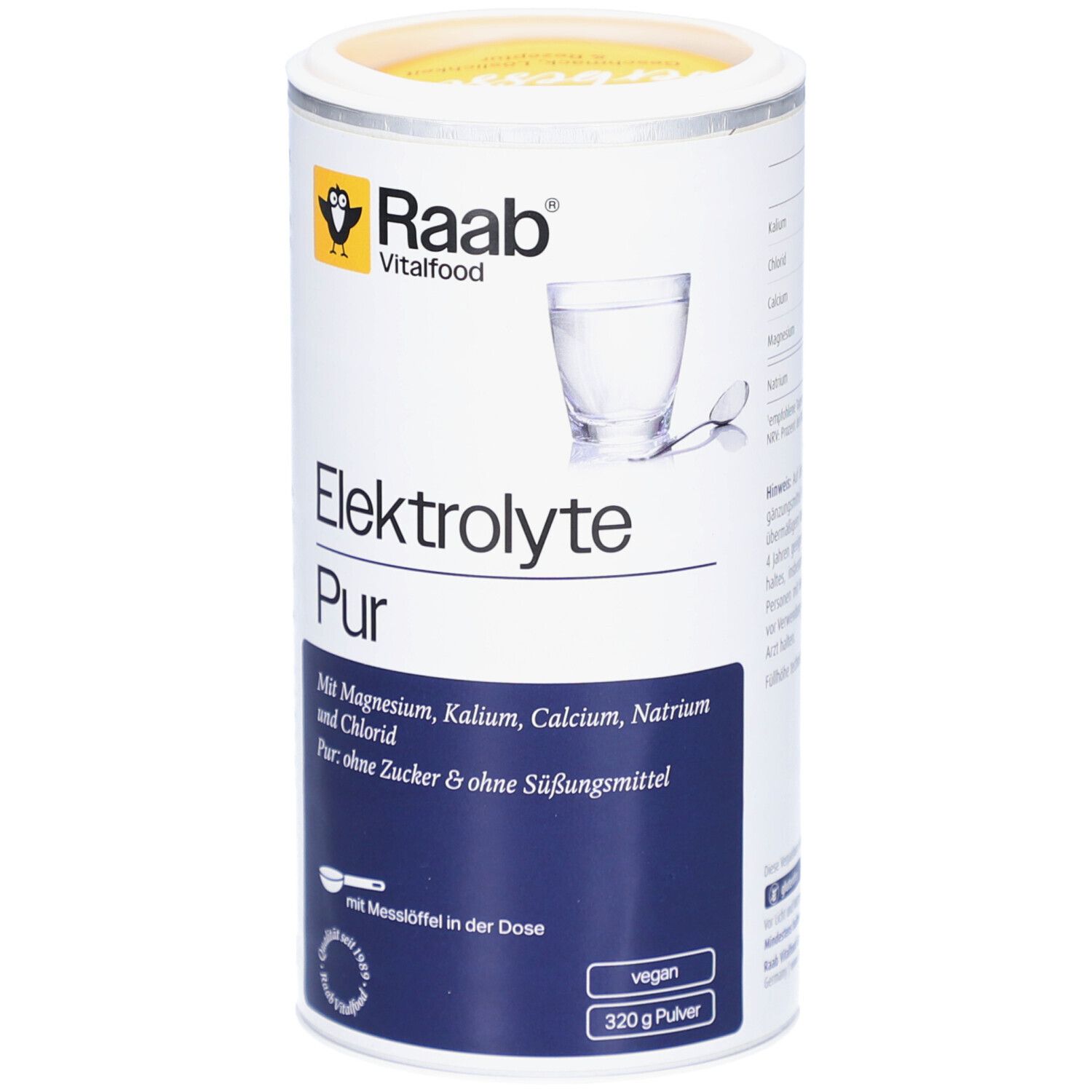 Zylindrische Dose Raab Vitalfood Elektrolyte Pur. Weiß mit gelbem Deckel. Aufschrift: Elektrolyte Pur, Inhaltsstoffe, vegan, 320g.