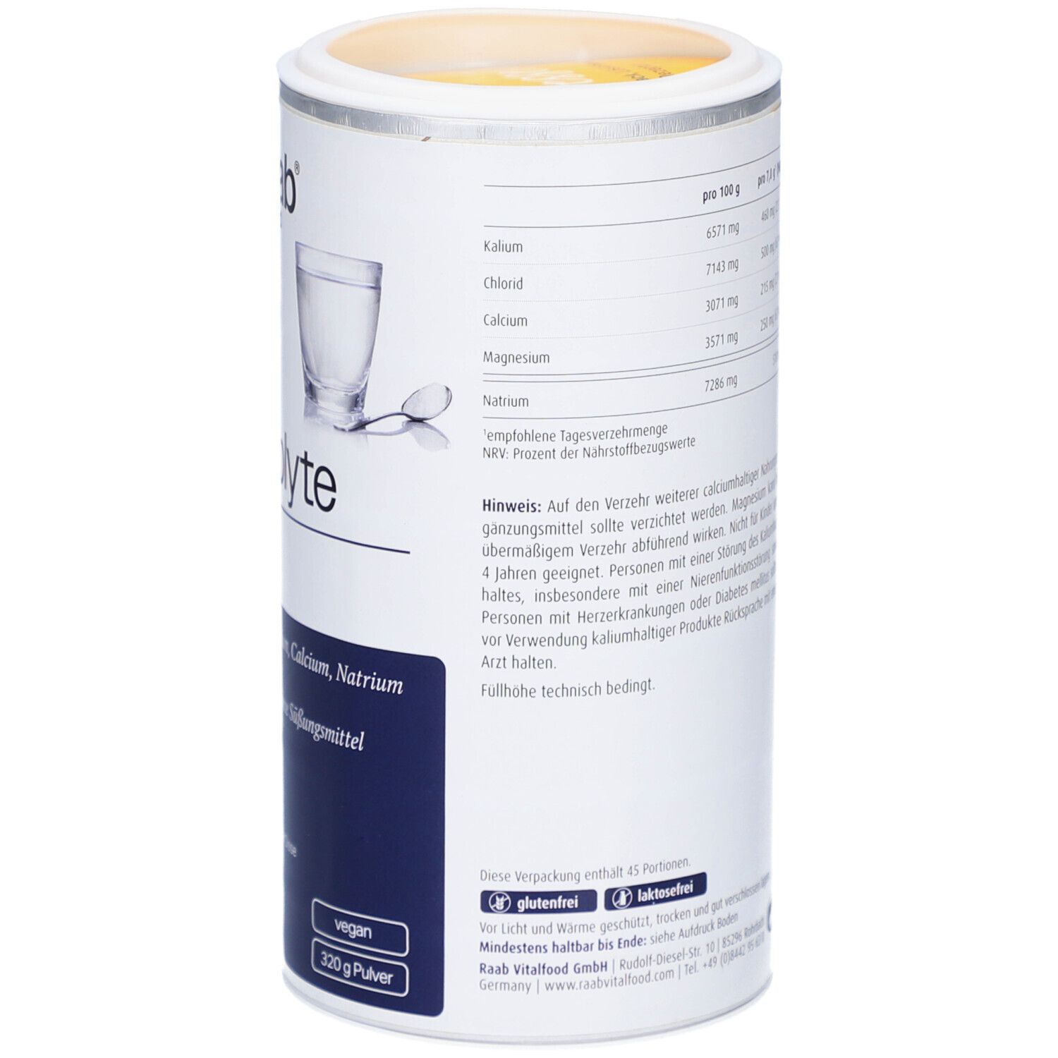 Rückseite der Dose Raab Vitalfood Elektrolyte Pur. Nährwerttabelle, Inhaltsstoffe, Hinweise. Vegan, glutenfrei, laktosefrei, 320g.