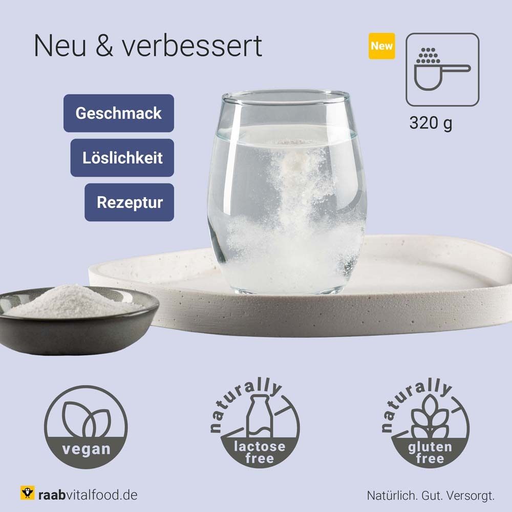 Produktabbildung mit Pulver, Glas Wasser und Messlöffel. Vegan, laktosefrei, glutenfrei. 320g.