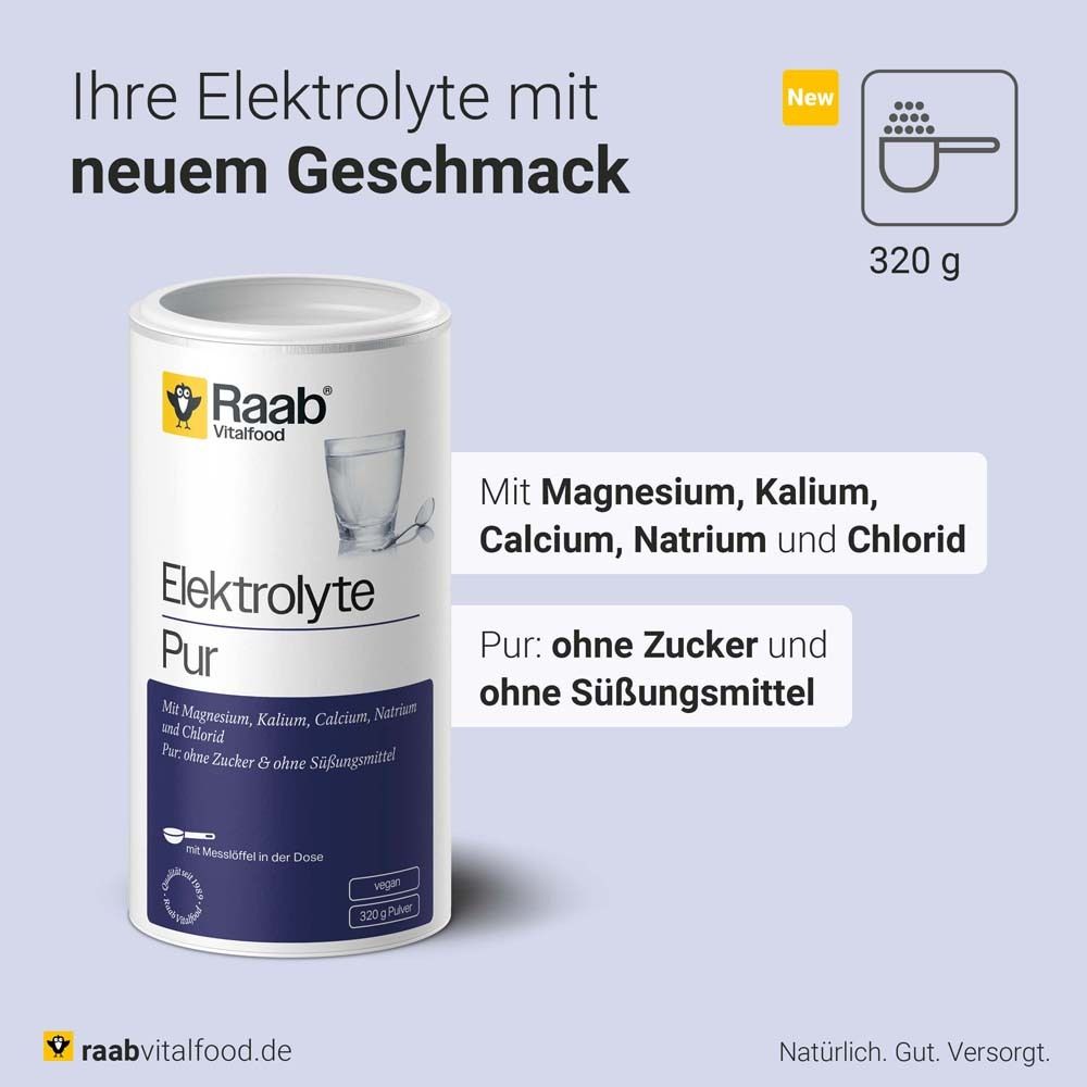 Zylindrische Dose Raab Vitalfood Elektrolyte Pur. Weiß, mit Logo, Text und Inhaltsstoffen. 320g Pulver.