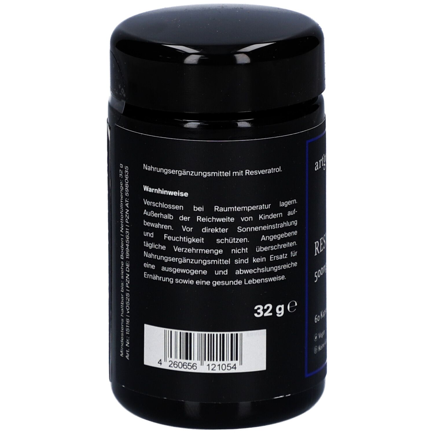 Schwarze Dose mit blauem Etikett. Aufschrift: Nahrungsergänzungsmittel mit Resveratrol. Warnhinweise, Barcode, 32 g.