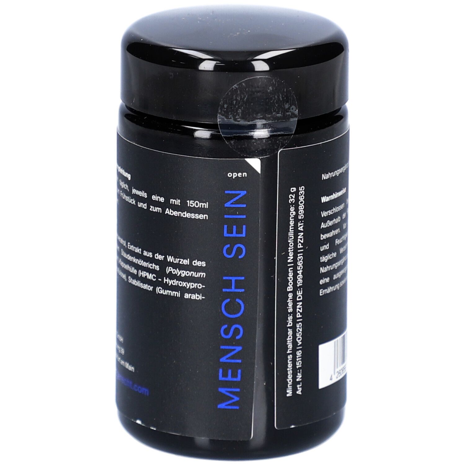 Schwarze Dose mit blauem Etikett. Aufschrift: MENSCH SEIN. Angaben zu Inhaltsstoffen und Mindesthaltbarkeit.