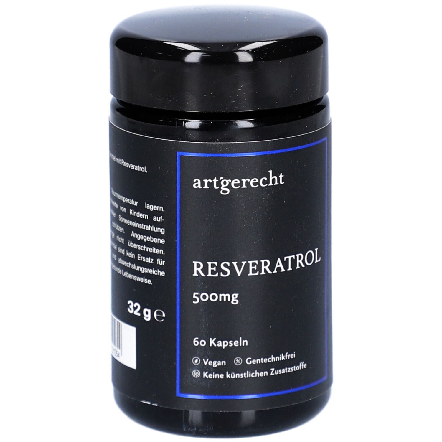 Schwarze Dose mit blauem Etikett. Aufschrift: artgerecht, RESVERATROL 500mg, 60 Kapseln. Vegan, Gentechnikfrei, keine künstlichen Zusatzstoffe.