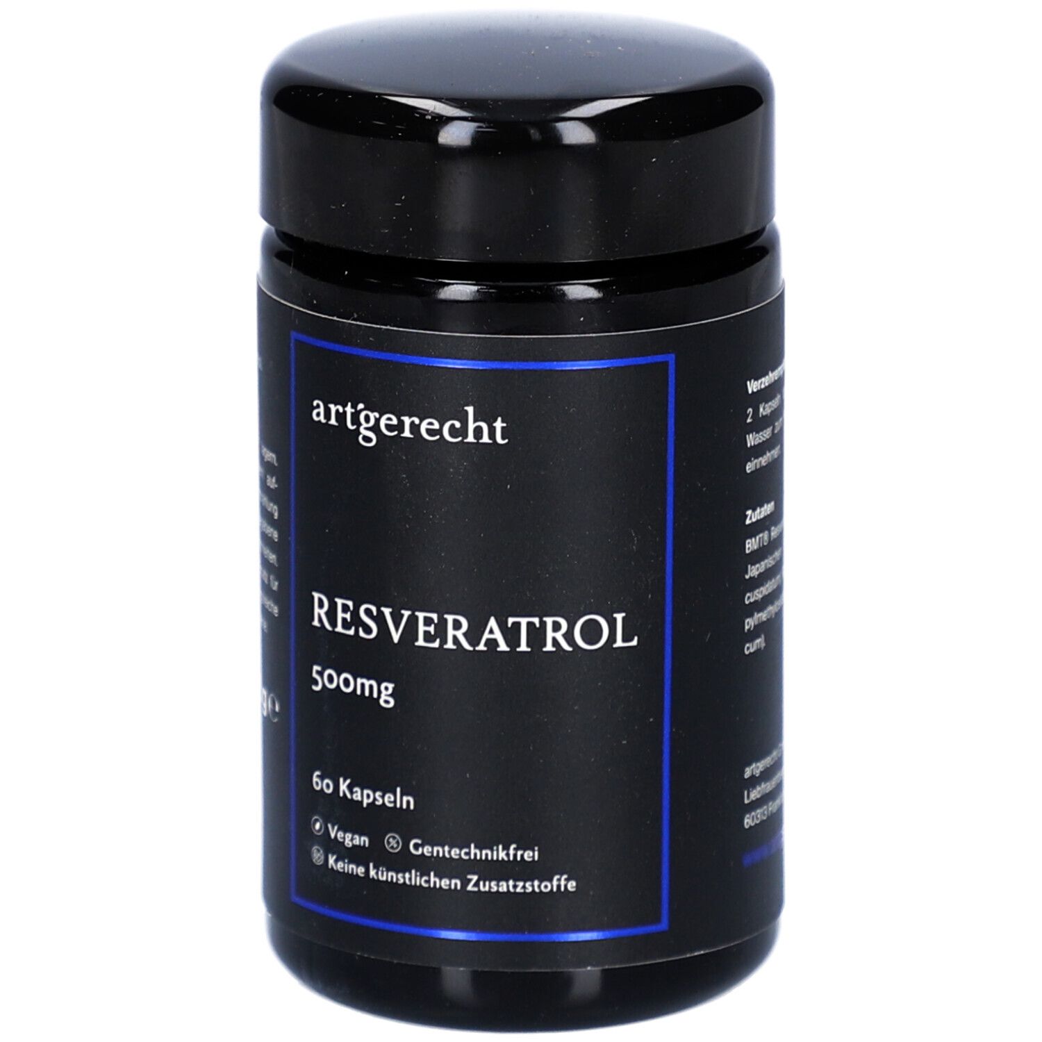 Schwarze Dose mit blauem Etikett. Aufschrift: artgerecht, RESVERATROL 500mg, 60 Kapseln. Vegan, Gentechnikfrei, keine künstlichen Zusatzstoffe.
