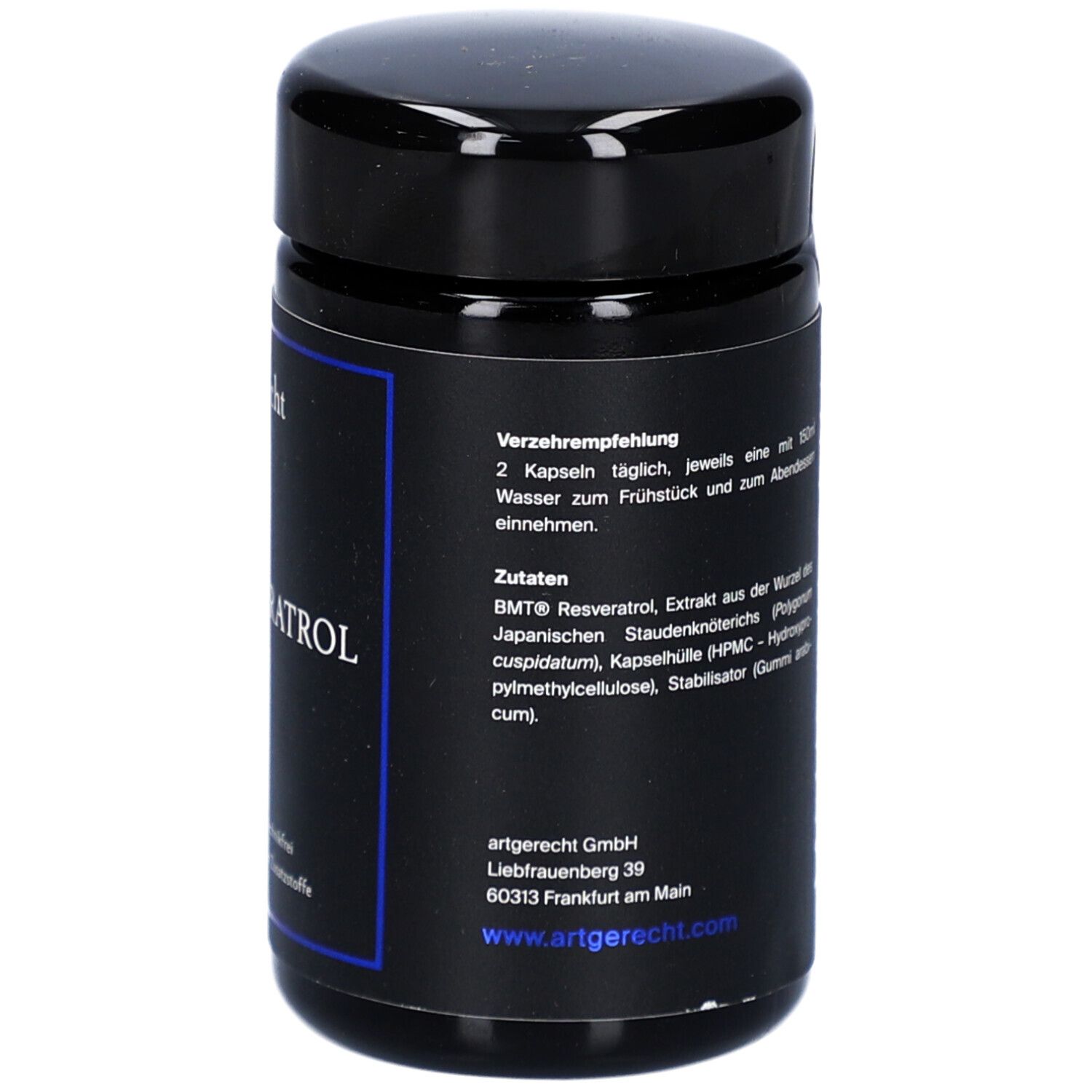 Schwarze Dose mit blauem Etikett. Aufschrift: Verzehrempfehlung, Zutaten. Enthält BMT® Resveratrol, HPMC, Stabilisator.